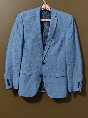 Bar III Chambray Blue 100% Linen Slim Fit Suit Jacket Blazer 40L